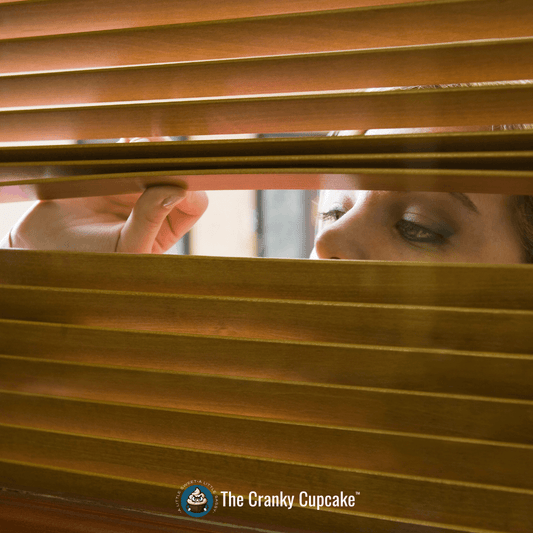 Person peeking through window blinds symbolizing avoiding dumb people with humor and wit guide