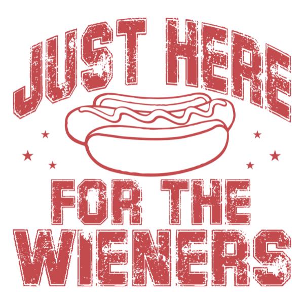 Just Here for the Wieners T-Shirt with vintage hot dog graphic and bold text design