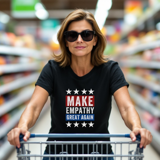 Woman wearing a black "Make Empathy Great Again" t-shirt pushing a shopping cart in a store aisle