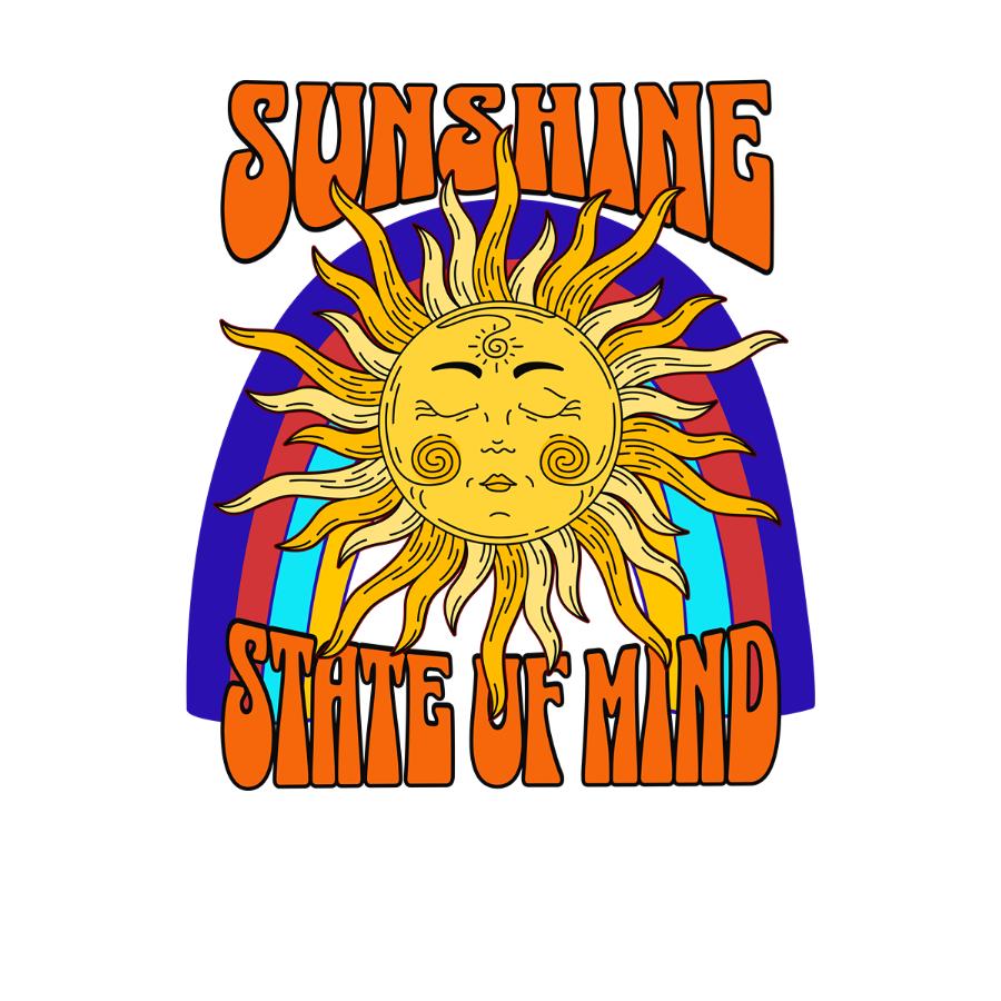 Sunshine State of Mind T-shirt design featuring a relaxed sun with rays and colorful rainbow background