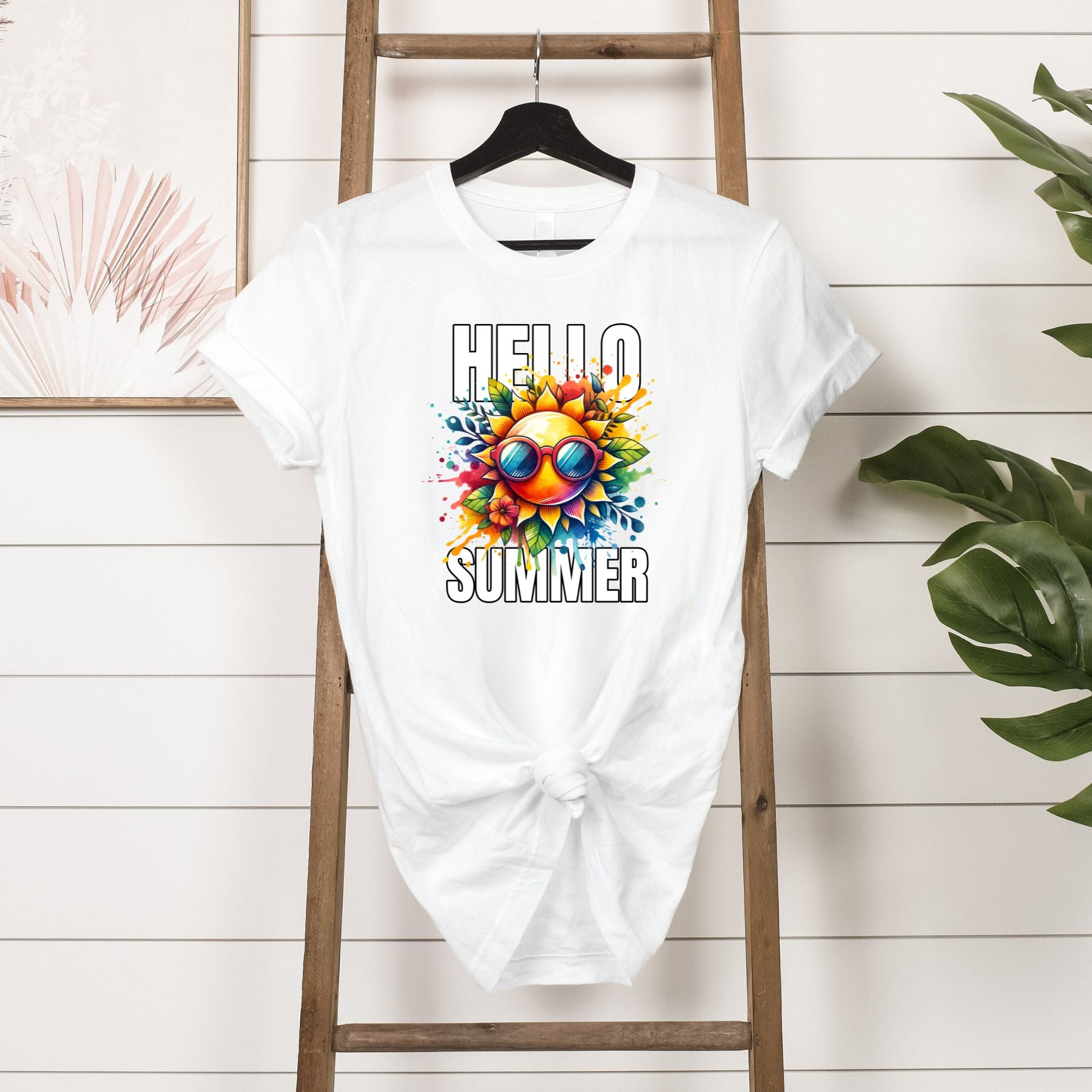 HelloSummerT-Shirt hanging in white 