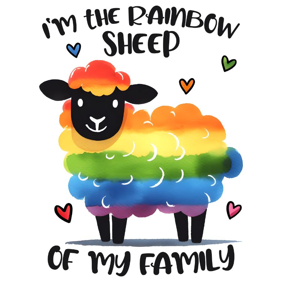 Colorful rainbow sheep illustration with the text "I'm the Rainbow Sheep of my family" for a Rainbow Sheep T-Shirt design
