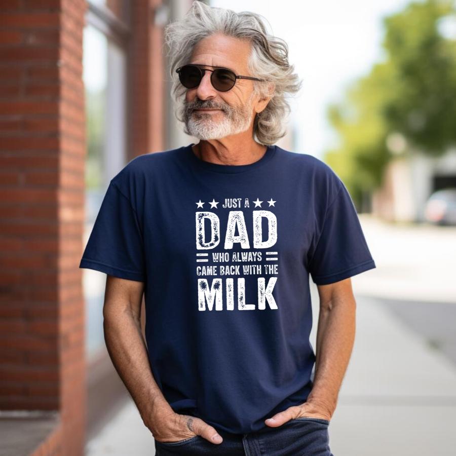 Man wearing navy blue Just a Dad Who Always Came Back with the Milk T-shirt outdoors
