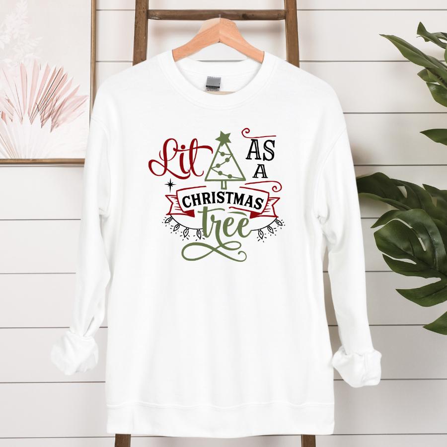 Lit as a Christmas Tree Sweatshirt Hanging in White 