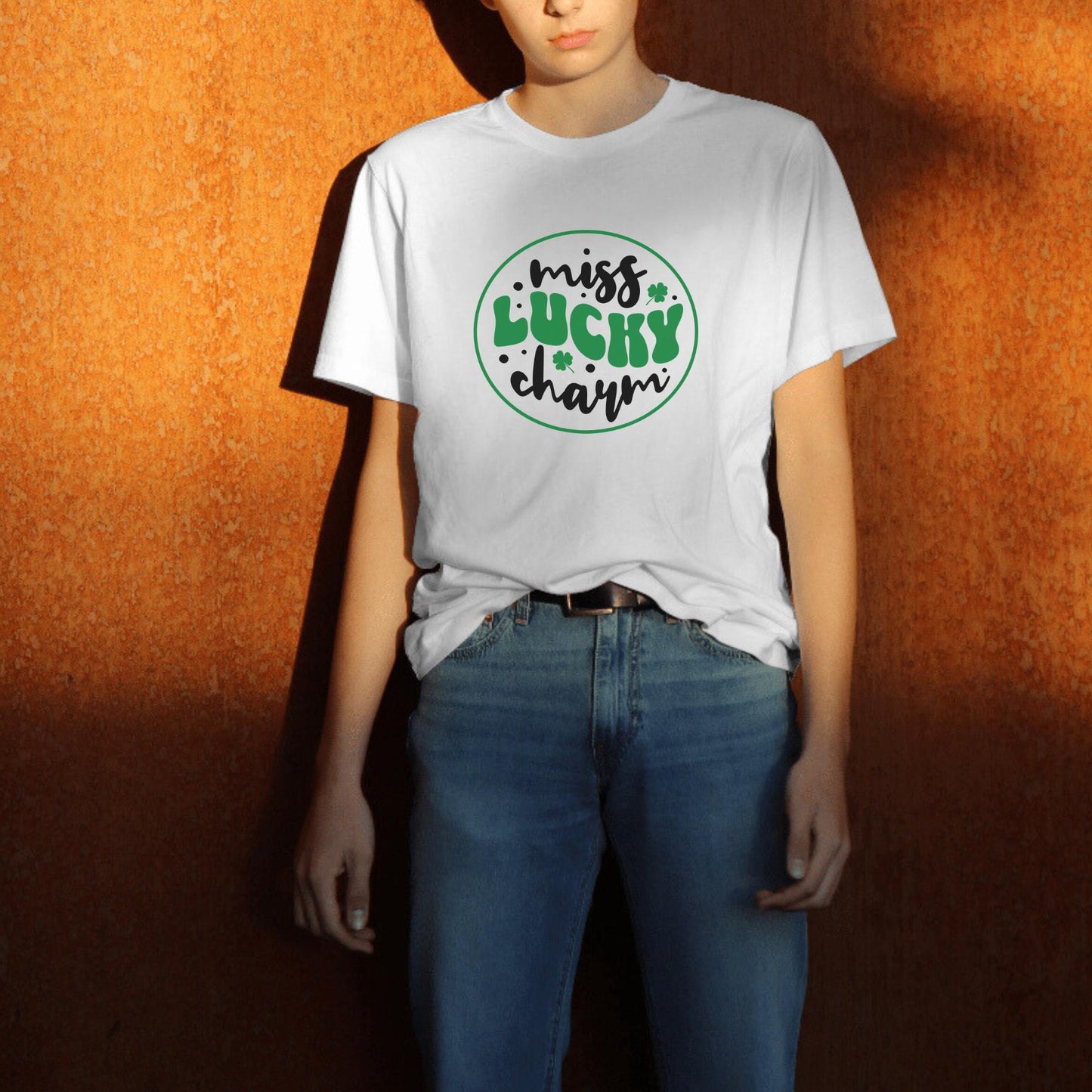 Unisex model wearing white t-shirt with Miss Lucky Charm graphic