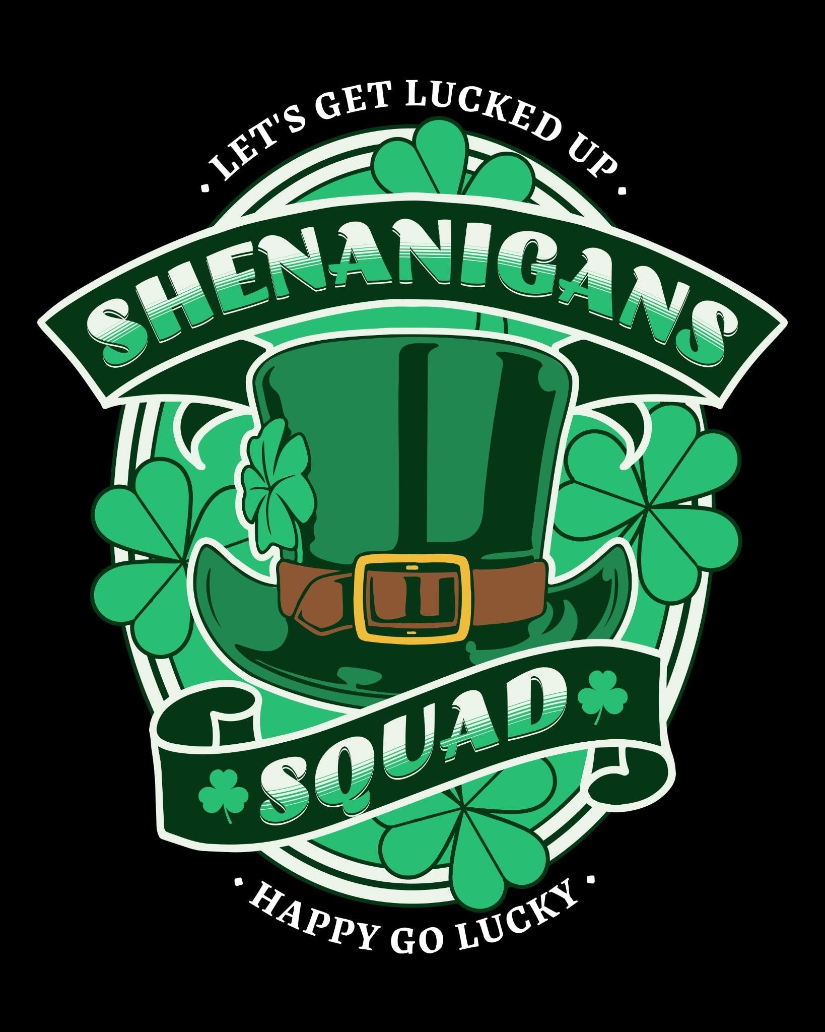 Green Shenanigans Squad T-Shirt design with leprechaun hat and shamrocks for St. Patrick's Day celebration