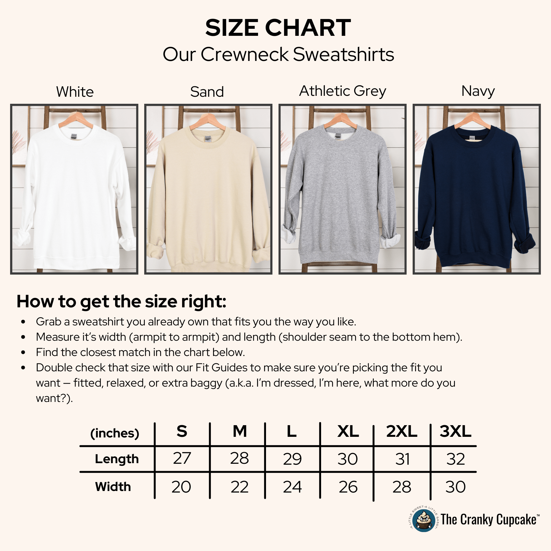 Energy Saving Mode crewneck sweatshirts in white, sand, athletic grey, and navy with size chart and fitting guide