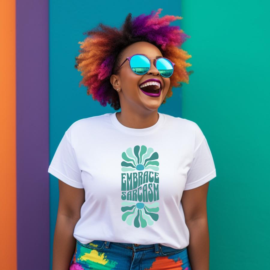 Woman wearing white Embrace Sarcasm T-shirt with retro design and colorful background