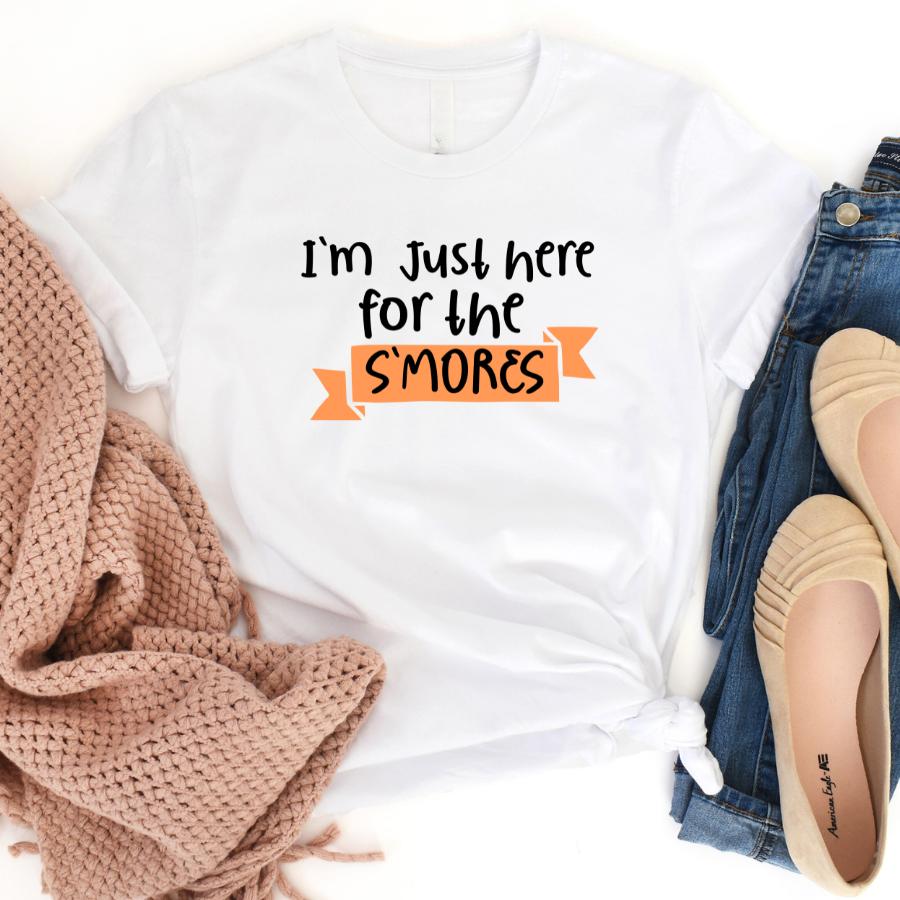 I'm Just Here for the S'mores T-shirt Flat Lay in White 