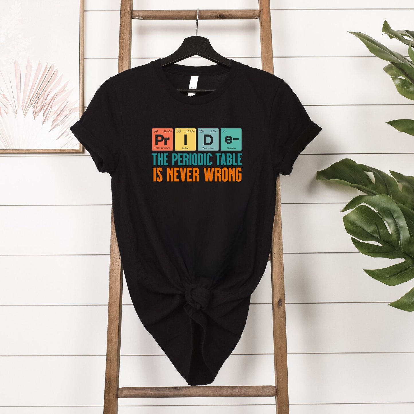 Black T-shirt with "The Periodic Table Is Never Wrong" slogan and PRIDE spelled using periodic table elements, hanging on wooden ladder.
