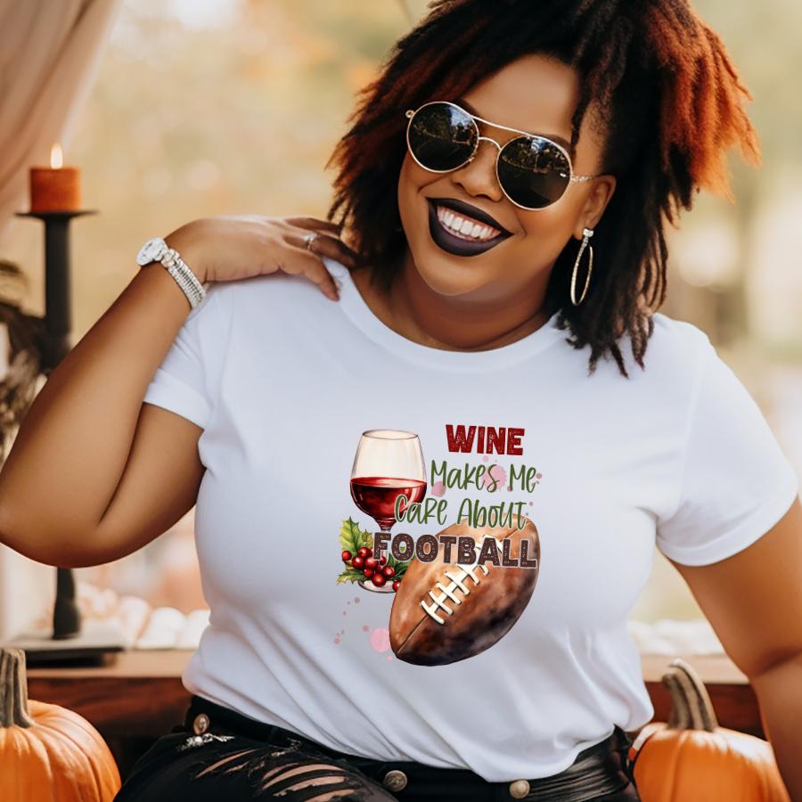 Woman wearing white t-shirt with Wine Makes Me Care About Football design featuring a wine glass and football graphic